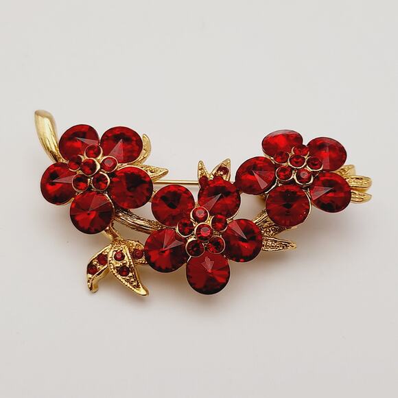 Vintage Red Rivoli Rhinestone Flower Cluster Brooch - Picture 6 of 9